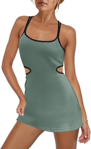 LAMISSCHE Womens Tennis Dress Built in Bra and Shorts Athletic Golf Mini Dress Backless Cut Out Onesie Romper