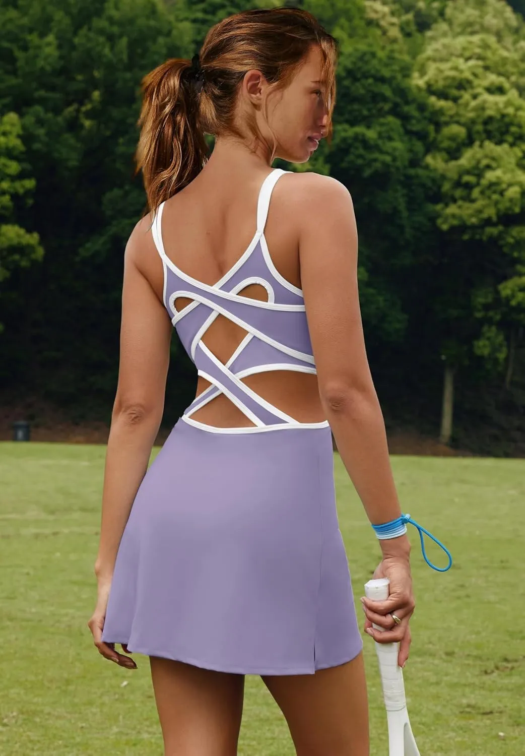 LAMISSCHE Womens Tennis Dress Built in Bra and Shorts Athletic Golf Mini Dress Backless Cut Out Onesie Romper