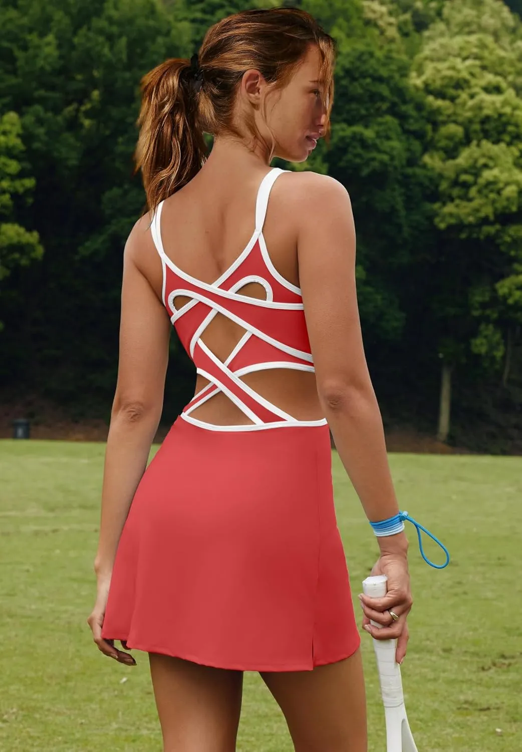 LAMISSCHE Womens Tennis Dress Built in Bra and Shorts Athletic Golf Mini Dress Backless Cut Out Onesie Romper