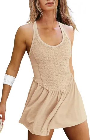 LAMISSCHE Womens Tennis Dress with Built in Shorts and Bra One Piece Workout Smocked Mini Dress A Line Yoga Golf Dress