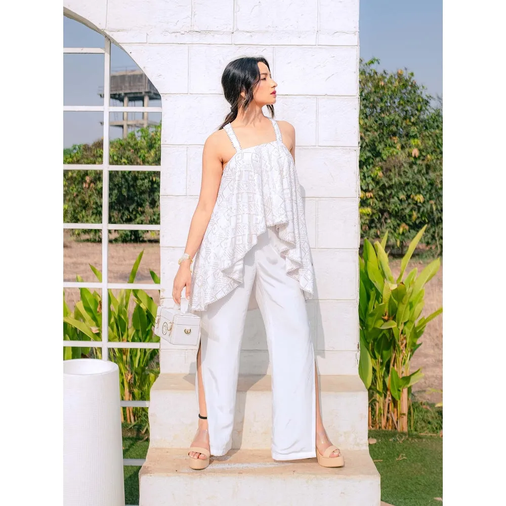 MONK & MEI Asin Chikankari High Low Top & Slit Pants (Set of 2)