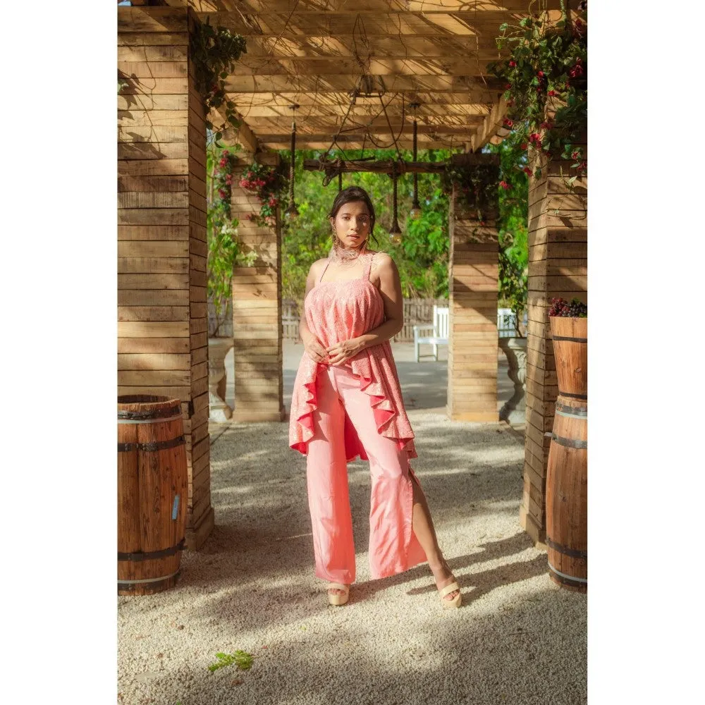 MONK & MEI Asin Chikankari Peach High Low Top Slit Pants (Set of 2)