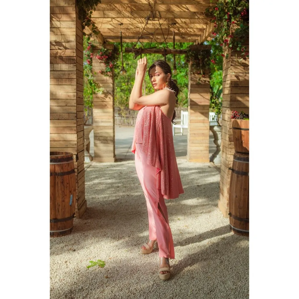 MONK & MEI Asin Chikankari Peach High Low Top Slit Pants (Set of 2)