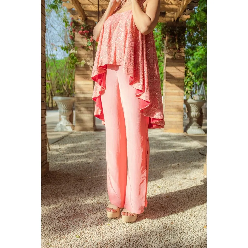 MONK & MEI Asin Chikankari Peach High Low Top Slit Pants (Set of 2)