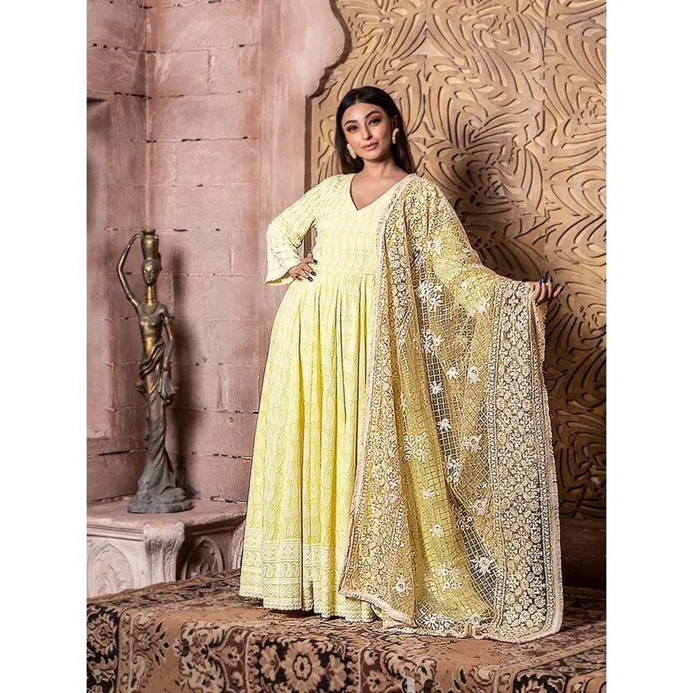 MONK & MEI Falak- Yellow Long Anarkali Embroidered Dress and Yellow Zari Dupatta (Set of 2)