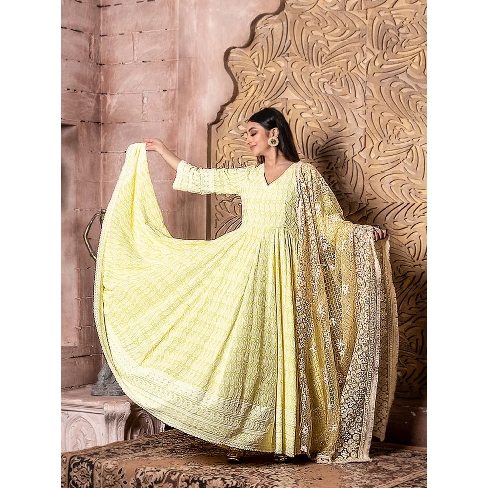 MONK & MEI Falak- Yellow Long Anarkali Embroidered Dress and Yellow Zari Dupatta (Set of 2)