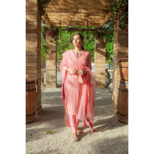 MONK & MEI Malak Straight Chikankari Kurta Pants Dupatta Peach Melon (Set of 3)