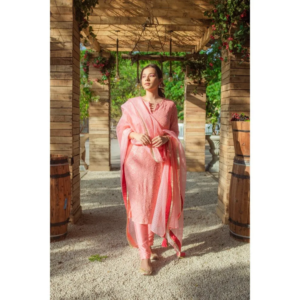 MONK & MEI Malak Straight Chikankari Kurta Pants Peach Melon (Set of 2)