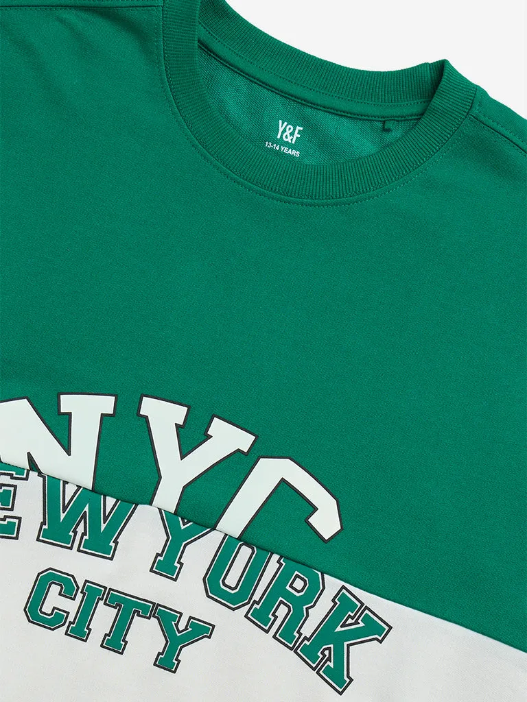 Y&F Kids Green Colour-Blocked Cotton-Blend Sweatshirt