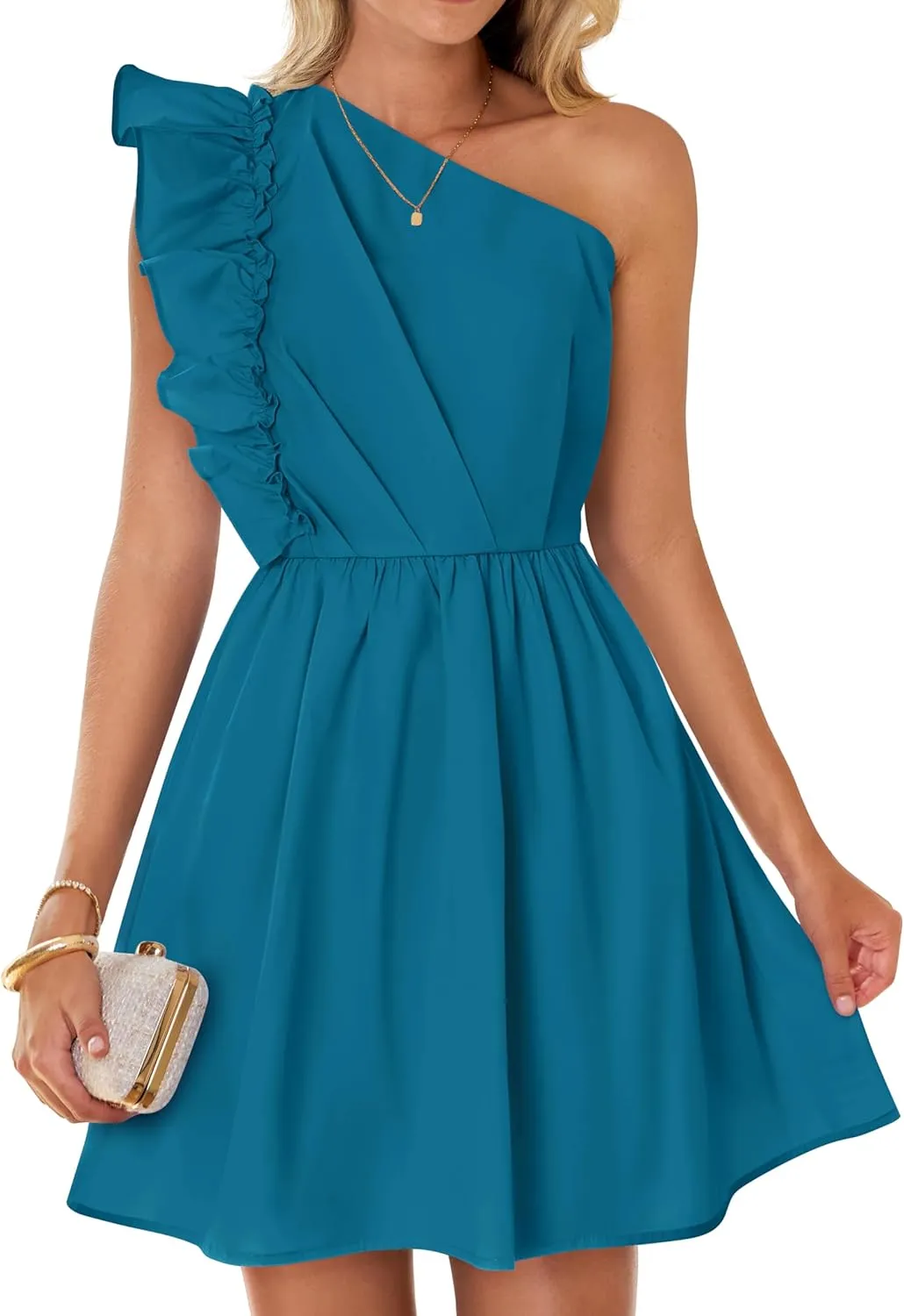 ZESICA Women's Summer One Shoulder Ruffle Dress Boho Sleeveless Elastic High Waist Swing Mini Dresses,Teal Blue,Large