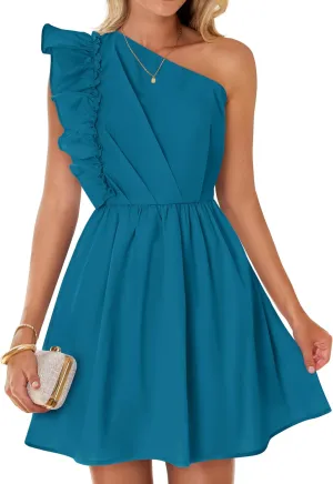 ZESICA Women's Summer One Shoulder Ruffle Dress Boho Sleeveless Elastic High Waist Swing Mini Dresses,Teal Blue,Large